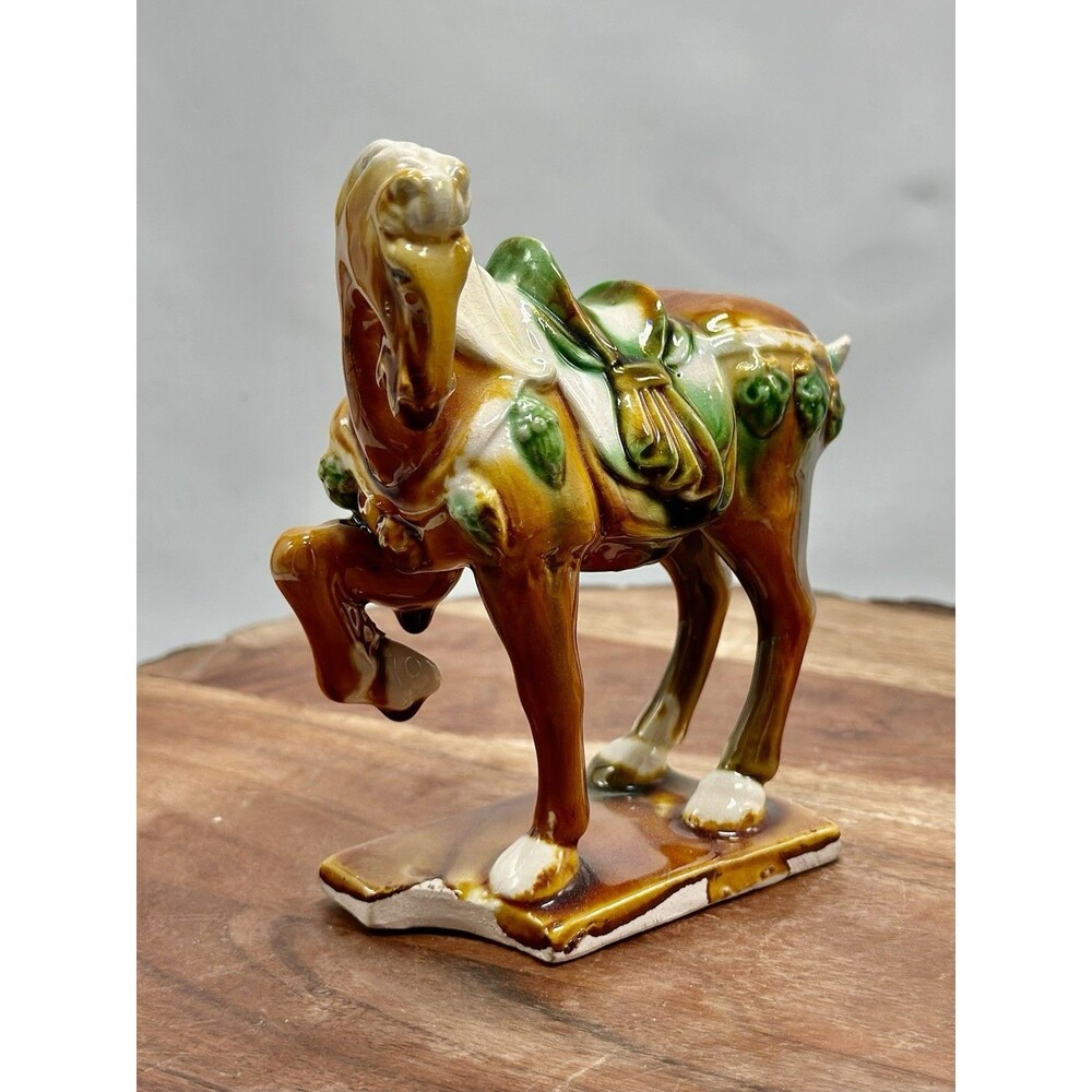 Tang Sancai Glazed Ceramic Horse Figurine Stallion Marked Stamped